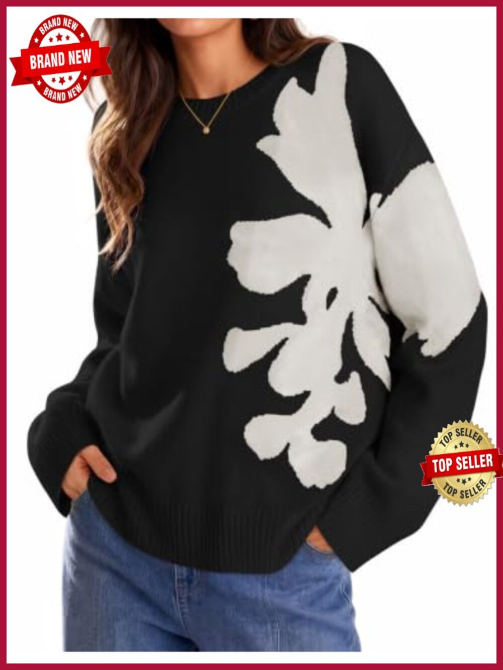 Womens Oversized Floral Pullover Sweater Ribbed Knit Crew Neck